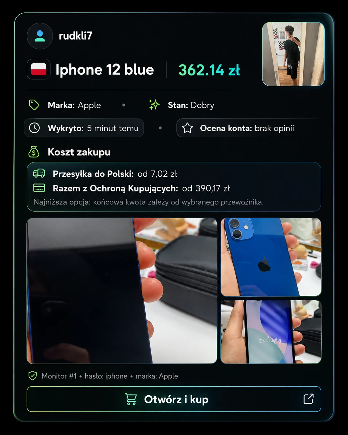 Przykładowy alert BackFlip: iPhone 12 blue za 362,14 zł, ze zdjęciami, stanem i kosztem dostawy.