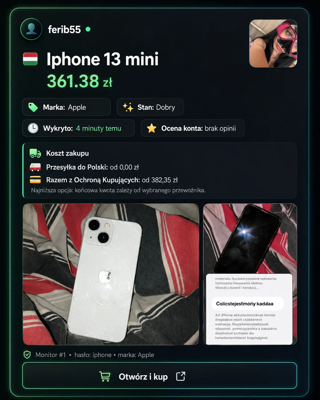 Przykładowy alert BackFlip: iPhone 13 mini za 361,38 zł, ze zdjęciami, stanem i kosztem dostawy.